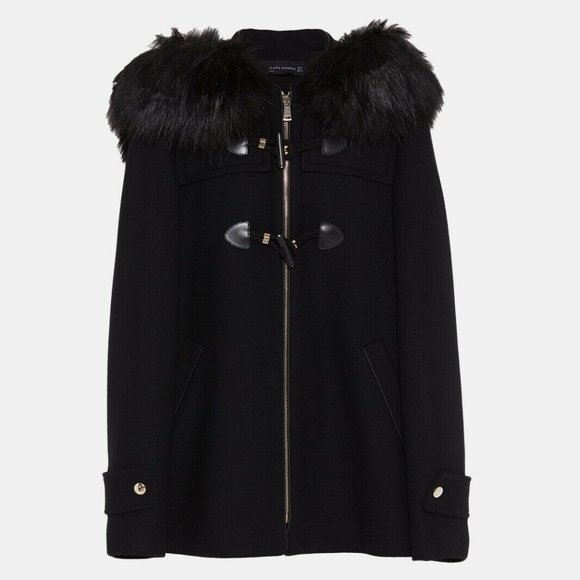 ❤️ LAST ♥️ NWT ZARA BLACK WOOL OVERCOAT WITH FAUX FUR HOOD - Picture 10 of 14
